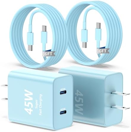 Dual-Port 45 W USB-C Wall Charger for Samsung Galaxy S25/S24 Ultra – Super Fast Charging with 2-Pack 6.6 ft Cables, PD 3.0 & PPS Technology for Enhanced Compatibility and Performance – Ideal for Mobile Professionals and Families