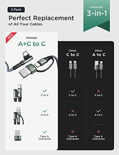 AINOPE 6.6 FT USB C Right Angle Charging Cable with USB to USB C Adapter – 60 W Fast Charging for i Phone 16, 15 Pro, i Pad & Samsung Devices – Enhanced Compatibility & Convenient Access for Gaming and Multitasking