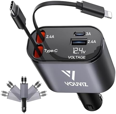 Versatile 4-in-1 Retractable Car Charger with Dual USB Ports – Fast Charging Solution for i Phone 16/15/14/13/12 & Android Devices – Compact Design with Tangle-Free Dual Retractable Cords (2.6 ft) – Perfect for Road Trips & Daily Commutes – Enhanced Compatibility for Samsung, Pixel & More