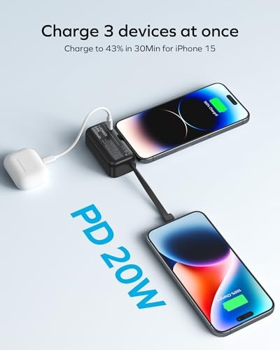 Momax 5000 m Ah Portable Power Bank with Integrated Foldable USB-C Connector & Fast Charging Cable – Ultimate On-the-Go Charger for i Phone 15, Android Devices, Laptops, i Pads, and Air Pods with Digital Battery Display for Enhanced Mobility and Convenience