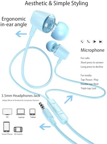 Beach Blue Kids Wired Earbuds – Ultra-Comfortable In-Ear Headphones with Mini Ear Tips, Integrated Mic, and Travel-Friendly Case – Superior Stereo Sound for Classroom Learning and Active Play – Ideal for Daily Use and On-the-Go Adventures