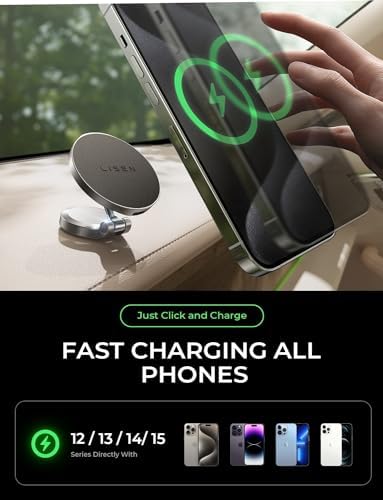 LISEN Mag Safe Car Charger for i Phone 15/14/16 Pro Max – 360° Rotating Wireless Mount with Powerful Magnetic Grip for Fast Charging – Sleek Black Dashboard Accessory for Effortless Navigation & On-the-Go Power Solutions