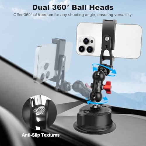 Car Phone Holder Phone Mount for Car, Double-Layer Suction Cup Camera Mount with 360° Ball Head Magic Arm, Windshield Window Car Mount for iPhone/Smartphone/DSLR/Action Camera (SY020) – Enhanced Compatibility and Speed