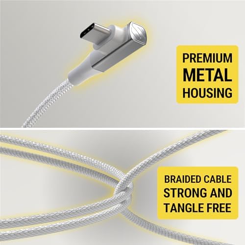 Scosche Strikeline 6 ft Premium USB-C Right-Angle Braided Charging Cable – Fast Charge & Sync for Enhanced Device Compatibility – Sleek White/Silver Design for Gamers & Professionals