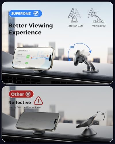SUPERONE for Magsafe Car Mount [88LBS Powerful Suction] Magnetic Phone Holder for Car Dash Windshield, Suction Cup Phone Mount for iPhone 16 Pro Max Plus 15 14 13 12/Magsafe Case/All Car Models – Enhanced Compatibility and Speed