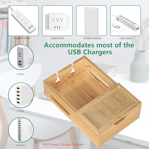 Eco-Friendly Bamboo Charging Station for Multiple Devices – Stylish Desk Organizer with Drawer & Tray, Includes 6 Cables for i Phone, Cell Phones, Tablets – Quick Charging Docking Station for a Tidy Workspace