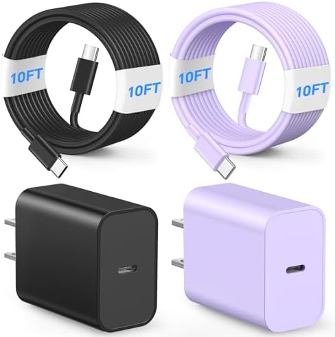 20 W Dual USB-C Fast Charger Block for i Phone 15/16 Series – Includes Two 10 FT USB-C Charging Cables, Perfect for Pro Max, Plus, Pro, i Pad Pro/Air – Compact, High-Speed Charging Solution (2 Pack, Black)