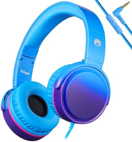 Rockpapa Ultra-Light Foldable Wired Headphones with Integrated Microphone – Premium Stereo Sound for All Ages, Perfect for Travel with Tangle-Free Cord and 3.5 mm Compatibility – Sleek Black/Grey Design for Everyday Listening and Virtual Meetings