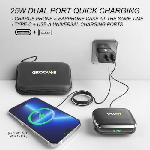 Revolutionize Your Listening Journey with Groove Electronics 4-in-1 Wireless Earbuds – Exceptional 80 Hours of Playtime, State-of-the-Art Bluetooth 5.3 Connectivity, Advanced Active Noise Cancelling for Pure Immersion, IPX7 Waterproof Rating for Ultimate Durability, and Innovative LED Display | Bonus Phone Charging Pad Included for Seamless Power Management