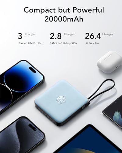 VRURC 20000 m Ah Portable Power Bank with Integrated Cables – Ultimate Travel Companion for i Phone 11-16 & Samsung Galaxy Series – Rapid 22.5 W Fast Charging Efficiency, Compact Design for On-the-Go Convenience – Essential Battery Pack for Uninterrupted Connectivity