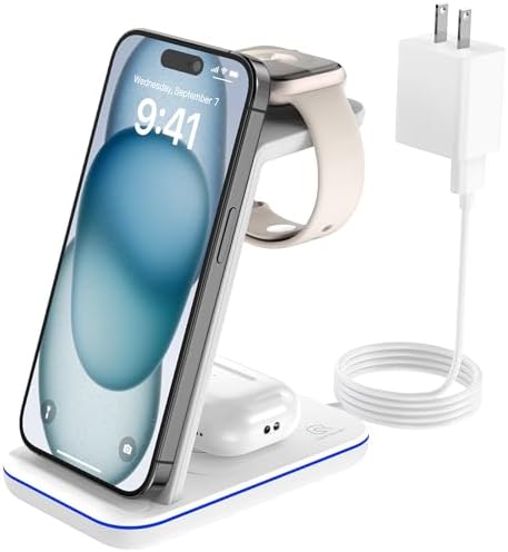 3-in-1 Wireless Charging Station for Apple Devices – Fast Magnetic Charger for i Phone 15/14/13/12/Pro Max/SE/11/XS/XR/8, Apple Watch 9-2, and Air Pods – Streamlined Power Solution for Home and Travel – Sleek, Compact Design for Enhanced Compatibility and Speed