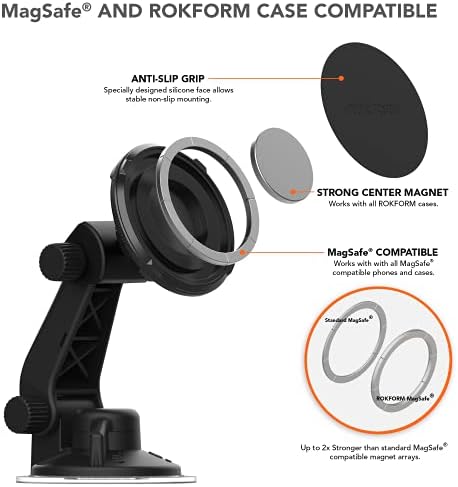 ROKFORM Magnetic Windshield Phone Holder with Strong Suction Cup – Adjustable 210° Tilt & 360° Rotation for Ultimate Hands-Free Navigation, Compatible with Mag Safe and Most Cases, Perfect for Safe Driving and Easy Access