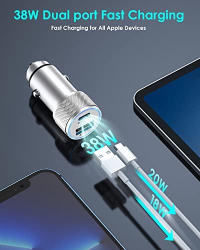 i Phone 14 Dual Port Fast USB C Car Charger | Apple MFi Certified 38 W Quick Charge Adapter with 2 Lightning Cables | Sleek Metal Design for Optimal Durability and Compatibility with i Phone 14, 13 Pro Max, Mini, 12, 11 & Air Pods | Reliable On-the-Go Power Solution for Busy Lifestyles