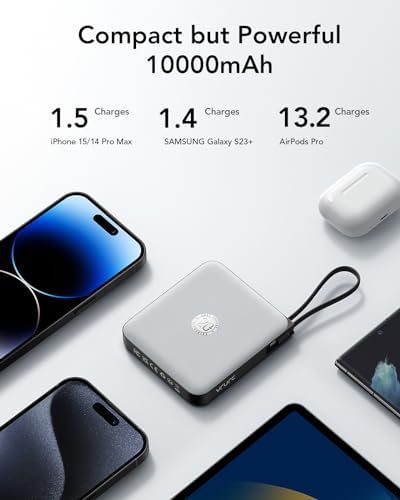 VRURC 10,000 m Ah USB C Portable Charger – Fast Charging Power Bank with Built-in Cable for i Phone 16/15/14, Galaxy S23/S22, Google Pixel & More – Lightweight Green Design for Ultimate Mobility and Reliability