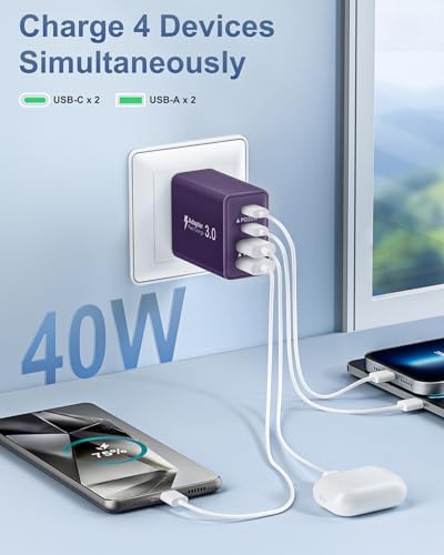 Dual-Pack 40 W USB C Charger Block – Fast Charging Power Adapter with 4 Ports for i Phone, Samsung, and i Pad – High-Speed Multi-Device Charging Solution with Enhanced Compatibility and Portability – Perfect for Home, Office, and Travel