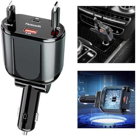 Ultimate 4-in-1 Fast Car Charger with Retractable Cables – PD 63 W Dual USB Adapter for i Phone 15/14/13, Samsung, i Pad, and Pixel – Sleek Black Design for Enhanced Compatibility and On-the-Go Efficiency