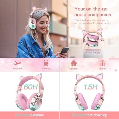 Elevate Your Child’s Listening Experience with Qear Fun Purple Cat Ear Bluetooth Headphones – 60 Hours of Playtime, Safe Volume Control (74/85/94 d B), Ultra-Portable Foldable Design, Advanced Bluetooth 5.3 Connectivity, and Built-in Mic for Girls – Perfect for School, Travel, and On-the-Go Fun