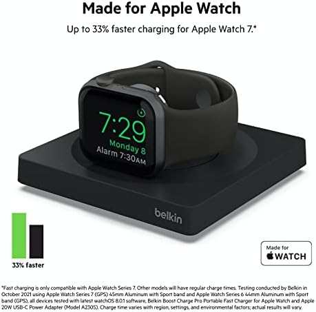 Belkin Fast Wireless Apple Watch Charger – Sleek Nightstand Mode Charging Pad with USB-C Cable – Universal Compatibility for All Models – Compact Travel Accessory in Black – Enhanced Charging Efficiency and Display Viewing