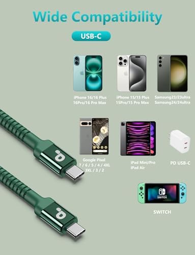 10 FT USB-C to USB-C Charging Cable 2-Pack – Premium Fast Charge & Data Transfer Solution for i Phone 16, Samsung Galaxy S23, LG, Nintendo Switch – Flexible, Durable Nylon Braided Design for Ultimate Convenience and Longevity