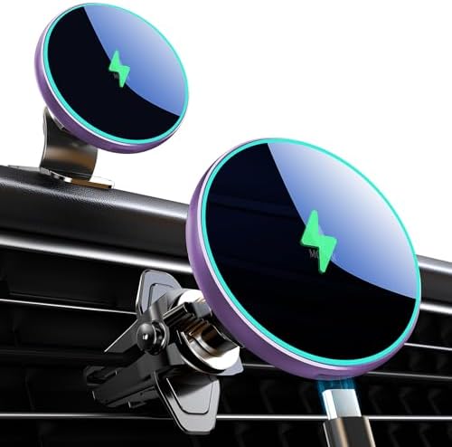 MOKPR 15 W Mag Safe Car Charger & Magnetic Phone Holder – Effortless Fast Wireless Charging with Dynamic LED RGB Lighting for i Phone 15/14/13/12 Series – Stylish Dash & Air Vent Mount for Enhanced Driving Experience and Convenient Accessibility