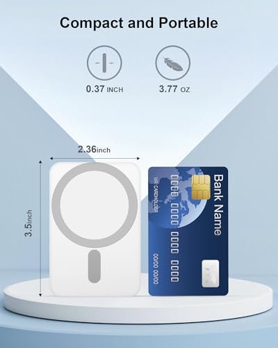 Miady Ultra-Lightweight Mag Safe-Compatible Mini Power Bank – 5000 m Ah Slim Rechargeable Charger with Strong Magnetic Attachment for i Phone 12/13/14/15/16 – Fast USB-C Recharging & Reliable Wireless Charging with Battery Level Indicators for On-the-Go Convenience