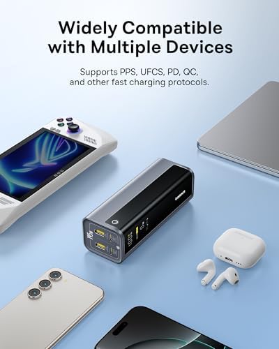 Baseus 20800 m Ah 145 W Multi-Device Power Bank – Rapid Charging Hub with 4 Ports & Smart Digital Display for Mac Book, i Phone, Samsung, Dell & Steam Deck – Ultimate Portable Charger for Professionals & Gamers on the Move