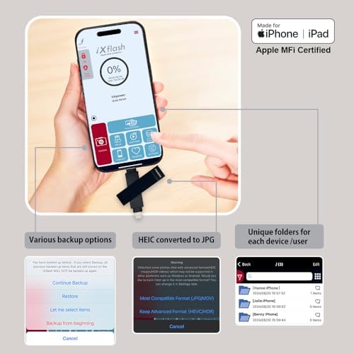 256 GB i Xflash USB Type C & Lightning Photo Backup Stick – Apple MFi Certified Storage Solution for i Phone & i Pad – Effortless Photo and File Transfer with High-Speed Performance – Ultimate Dual Compatibility for Travelers and Photographers