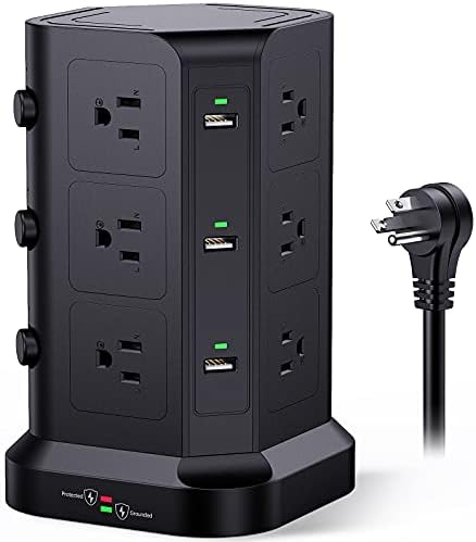 KOOSLA Power Strip Tower – 12 AC Outlets & 6 High-Speed USB Ports with 15 A Surge Protection – 6.5 ft Heavy-Duty Extension Cord for Home Office & Dorm Room – Compact Design for Efficient Power Distribution – Versatile Charging Station for Multiple Devices
