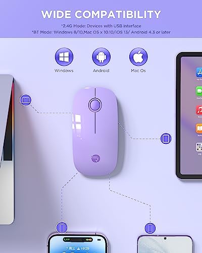 Sleek Purple Wireless Bluetooth Mouse – Effortless Dual Connectivity, 1600 DPI Precision, Whisper-Quiet Clicks, Long Battery Life for Enhanced Productivity and Versatile Device Compatibility