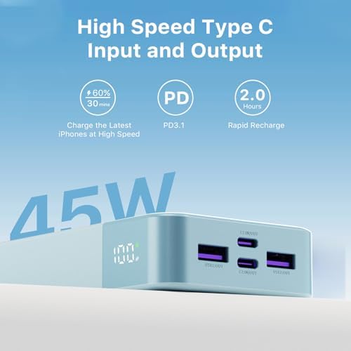Juovi 20000 m Ah Ultra-Fast Portable Charger – 45 W PD3.0 Power Bank with Dual USB-C & USB-A Ports, LED Digital Display for Smart On-the-Go Device Charging – Ideal for i Phone 15/16, Mac Book, Samsung & More – Perfect Power Solution for Travelers, Students & Professionals in Trendy Pink Finish