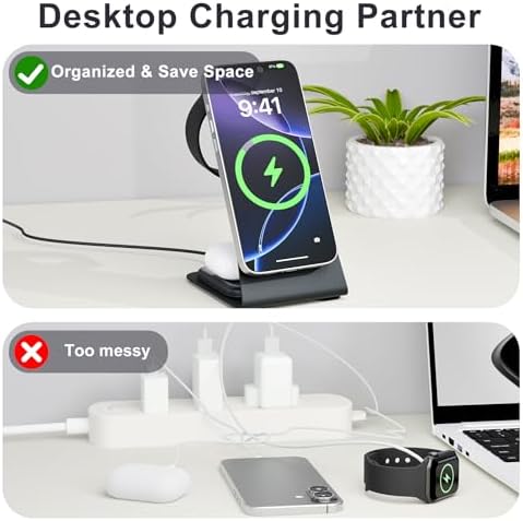 Ultimate 3-in-1 Magnetic Wireless Charging Station: Rapid 15 W Charger for i Phone 16/15/14/13/12 Pro Max, Apple Watch Ultra, and Air Pods Series – Portable Desk Dock with Adjustable Night Light for Home, Office, and Travel – Enhanced Compatibility and Safety Features