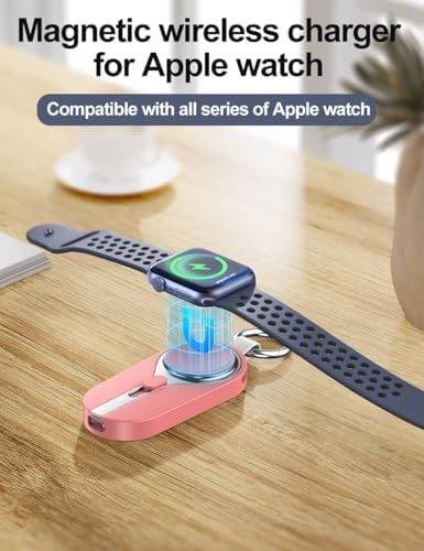 Mini Keychain Charger for i OS Devices – 3000 m Ah Portable Power Bank for Apple Watch Series 9, 8, Ultra & More – Travel-Friendly Wireless Magnetic Battery Pack for Apple Watch, Air Pods & i Phone – Lightweight Pink Design with Fast Charging & Safety Features