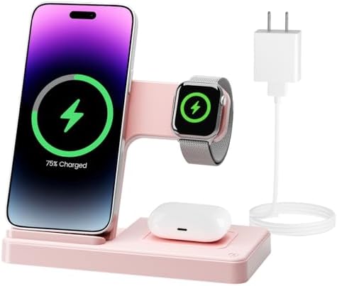 3-in-1 Wireless Charging Station for Apple Devices – Fast Charging Dock for i Phone 16, 15, 14, 13, 12, 11, Apple Watch Series 10-3, and Air Pods Pro in Chic Pink – Ultimate Convenience for Home, Office, and Travel – Overcurrent & Overheating Protection – Perfect Gift for Tech Lovers