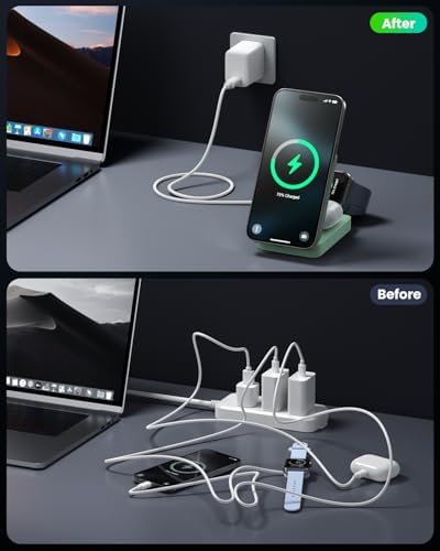 Ultimate 3-in-1 Wireless Charging Station for Apple Devices – 15 W Fast Magnetic Charger Stand with 30 W USB-C Adapter – Enhanced Safety, Cooling System & Foldable Design for i Phone 16/15/14/13/12, Apple Watch, Air Pods – Versatile, Compact & Travel-Friendly Solution for Seamless Charging Experience