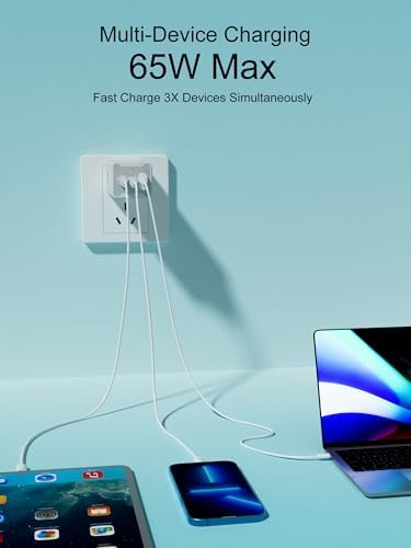 65 W 3-Port USB-C Fast Charger – Versatile Power Adapter for Mac Book, i Phone 16/15/14, Galaxy & More – Compact Design with Included Cable for Effortless Home or Travel Use – Optimal Device Compatibility & Safety Features