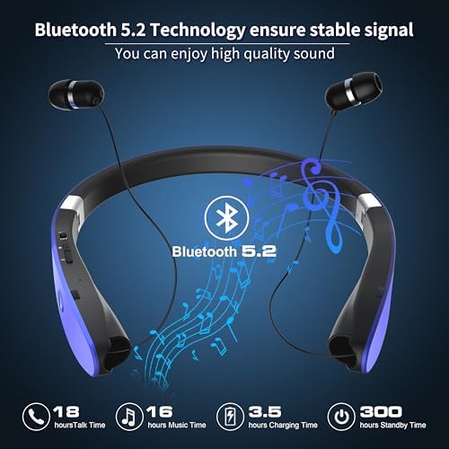 AMORNO Premium Retractable Bluetooth Neckband Headphones – Sweatproof Wireless Earbuds with Advanced Noise Cancellation & Integrated Microphone for Active Lifestyles – Superior Sound Quality & Broad Device Compatibility for Enhanced Listening Adventures