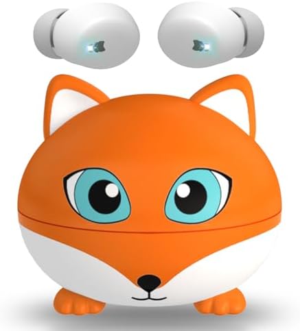 Kids Bluetooth Earbuds with 85 d B Safe Volume – Waterproof Touch Control Headphones for Young Audiophiles | Built-in Mic, Portable Charging Case | Perfect for School, Travel & Home Use | Stylish Fox Design for Boys and Girls, Compatible with Phones, Tablets & Kindles