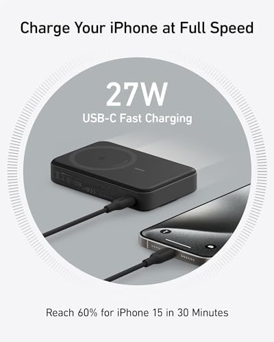 Anker Mag Go Power Bank for i Phone 15/14/13 – 10,000 m Ah Qi2 Certified Ultra-Fast Wireless Charger with Smart Display & Foldable Stand – Compact Portable USB-C Battery Pack for Effortless Charging on the Go