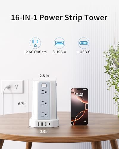 SMALLRT Power Tower Surge Protector – 10 Ft Extension Cord with 12 AC Outlets & 4 USB Ports (1 USB-C) – Ultimate Charging Station for Home & Office – Enhanced Device Compatibility & Safety