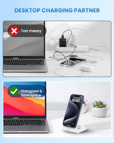 Magnetic Wireless Charging Station for i Phone 15/14/13/12 Pro Max & Apple Devices – Joy Geek 3-in-1 Fast Charger Pad for i Phone, Apple Watch Ultra 9-2, and Air Pods – Compact Design with Enhanced Compatibility and Secure Magnetic Alignment