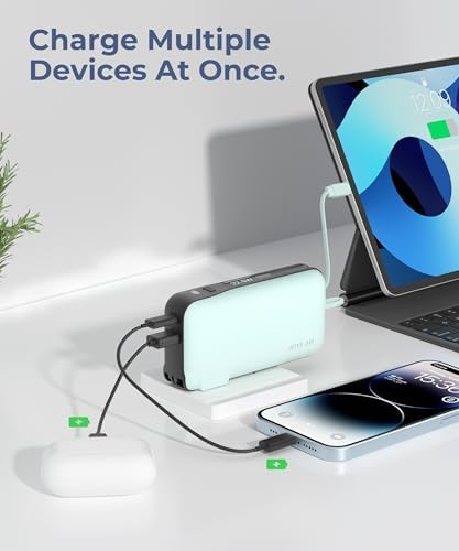 Ultimate 10,000 m Ah Portable Charger with Built-in USB-C Cable & Plug – Fast 22.5 W Power Bank for Seamless Charging of i Phone 16/15, Samsung Galaxy & i Pad – Compact Travel Essential with Triple Output Ports for Maximum Device Compatibility