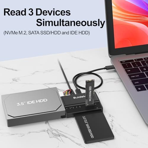 Universal NVMe M.2 to SATA Adapter – Tool-Free PCIe SSD Enclosure with USB 10 Gbps, Supports M Key & M+B Key Drives, Compatible with 2.5″/3.5″ SATA HDDs and IDE Drives for Effortless Data Transfers and Backups