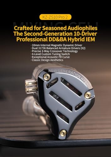 KZ ZS10 PRO 2 In-Ear Monitors: Premium High-Fidelity Gaming Earbuds with Custom Tuning Switch for Tailored Sound Experience – Featuring 1 Dynamic and 4 Balanced Armature Drivers for Exceptional Audio Clarity, Ergonomically Designed for All-Day Comfort, Integrated Microphone for Clear Communication, Compatible with Multiple Devices, and Stylish Black Finish for Enhanced Audio Engagement.