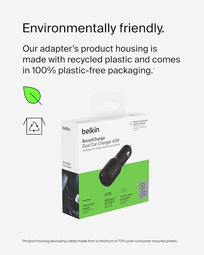 Belkin Boost Charge 42 W Dual Port Fast Car Charger – Rapid USB-C & USB-A Charging for i Phone 16, Galaxy S25, Pixel 9, Nintendo Switch 2 – Compact Black Design for Ultimate Portability and Device Compatibility