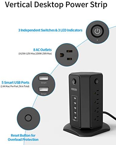 10 ft NTONPOWER Power Strip Tower with 8 Outlets & 5 USB Ports – Premium Surge Protector with Individual Switches, 1080 Joules Protection, 13 A Circuit Breaker – Ideal for Home Office & Entertainment Setup, Sleek Black Design for Ultimate Convenience