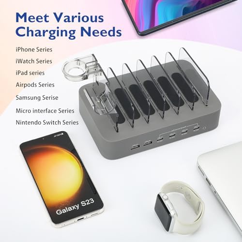Ultimate 100 W USB C Multi-Device Charging Station: Fast Charge 4 PD & 2 USB Ports for Apple i Phone, i Pad, Android Phones & Tablets | Compact Desktop Organizer with Advanced Safety Features for Home & Office Use