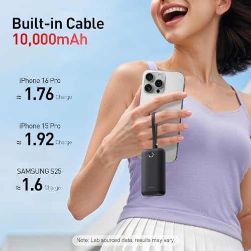 i WALK Ultra-Slim 10,000 m Ah Power Bank with Built-In Cable – Lightning-Fast 22.5 W USB-C Charging for i Phone 16/16 Pro/15, Samsung & Google – Travel-Friendly Pink Mini Portable Charger for On-the-Go Connectivity