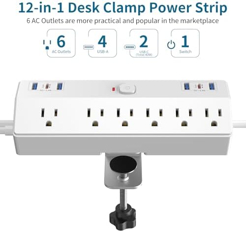 Maximize Your Workspace Efficiency with the JXGUCAT 40 W Fast Charging Desk Clamp Power Strip – 6 AC Outlets & 2 USB-C Ports, 10 ft Cord, Ideal for Home Office Surge Protection, Fits 1.8″ Tabletop Edges, Removable Mount for Effortless Setup