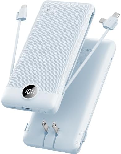 VRURC 10,000 m Ah USB C Power Bank with Built-in Cables & AC Wall Plug – Compact Lightweight Travel Charger for Smartphones & Tablets – Ultimate Convenience & Enhanced Charging Speed