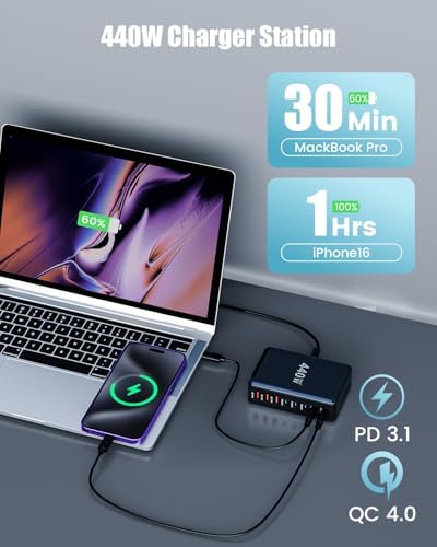 Powerful 440 W Ga N III USB-C Charging Hub with 8 Ports – Fast Multi-Device Charger for Mac Book Pro, i Phone 16/15, Samsung Galaxy & Dell – Versatile Charging Station with 5 ft Extension Cord for Ultimate Convenience and Efficiency